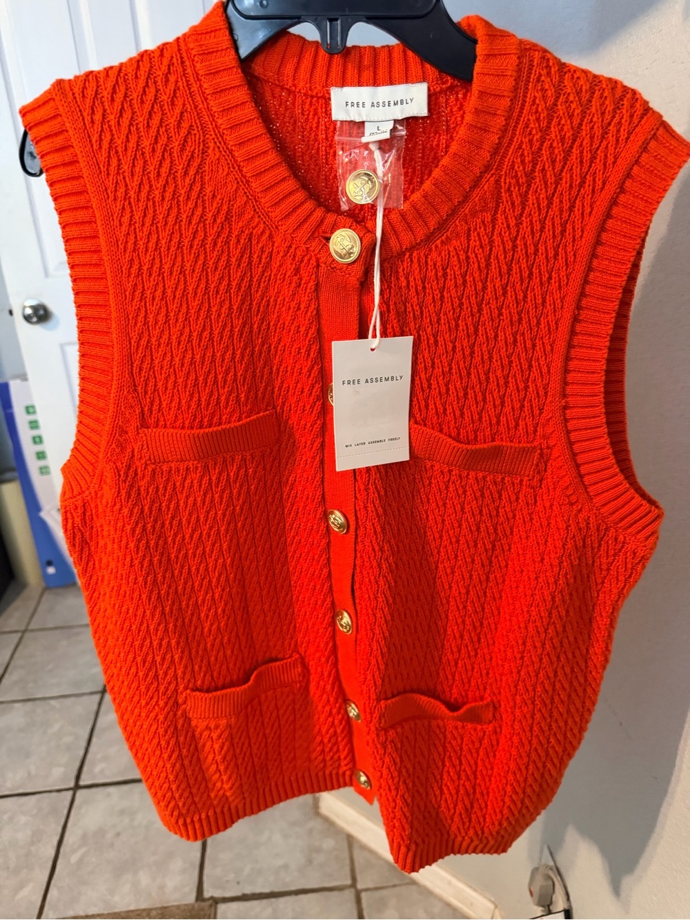 Free Assembly Women's Bright Orange Cable-Knit Button Vest